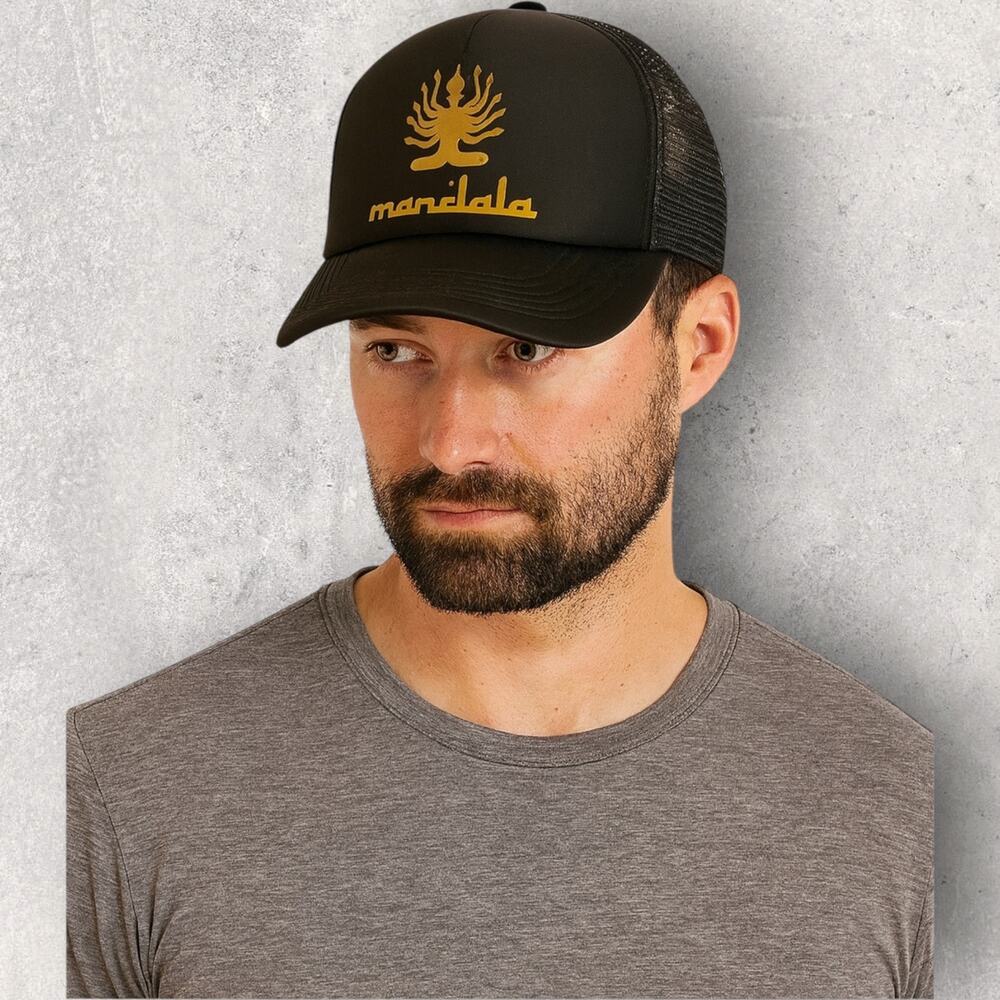 Mandala Trucker Hat Black Gold Mesh Snapback Cap Y2K Streetwear Festival